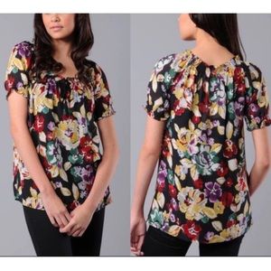 Joie Black Floral Print Peasant Top Size S